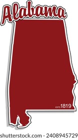 The shape of the state of Alabama border silhouette in color outlined with script arched text above and year established in bottom corner and drop shadow. Vector eps graphic design.
