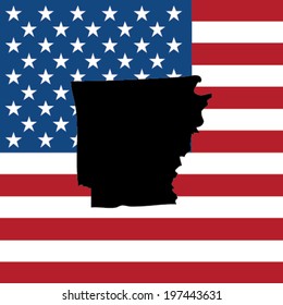 The shape of the state of Arkansas with the American Flag in the Background