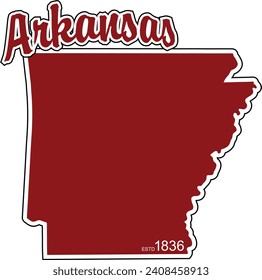 The shape of the state of Arkansas border silhouette in color outlined with script arched text above and year established in bottom corner and drop shadow. Vector eps graphic design.