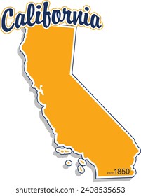 The shape of the state of California border silhouette in color outlined with script arched text above and year established in bottom corner and drop shadow. Vector eps graphic design.