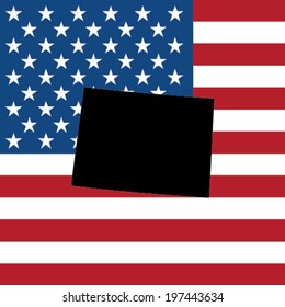 The shape of the state of Colorado with the American Flag in the Background