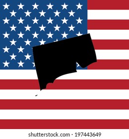 The shape of the state of Connecticut with the American Flag in the Background