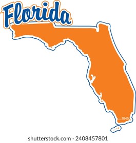 The shape of the state of Florida border silhouette in color outlined with script arched text above and year established in bottom corner and drop shadow. Vector eps graphic design.