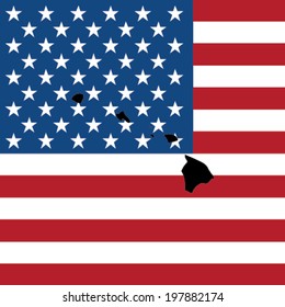 The shape of the state of Hawaii with the American Flag in the Background