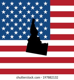 The shape of the state of Idaho with the American Flag in the Background