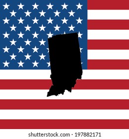The shape of the state of Indiana with the American Flag in the Background