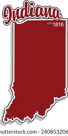 The shape of the state of Indiana border silhouette in color outlined with script arched text above and year established in bottom corner and drop shadow. Vector eps graphic design.