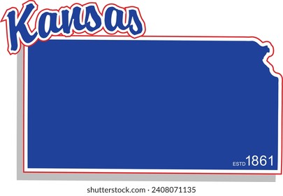 The shape of the state of Kansas border silhouette in color outlined with script arched text above and year established in bottom corner and drop shadow. Vector eps graphic design.