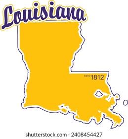 The shape of the state of Louisiana border silhouette in color outlined with script arched text above and year established in bottom corner and drop shadow. Vector eps graphic design.