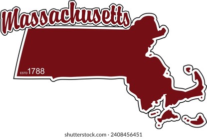 The shape of the state of Massachusetts border silhouette in color outlined with script arched text above and year established in bottom corner and drop shadow. Vector eps graphic design.