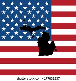 The shape of the state of Michigan with the American Flag in the Background