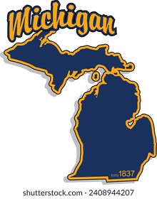The shape of the state of Michigan border silhouette in color outlined with script arched text above and year established in bottom corner and drop shadow. Vector eps graphic design.