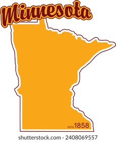 The shape of the state of Minnesota border silhouette in color outlined with script arched text above and year established in bottom corner and drop shadow. Vector eps graphic design.