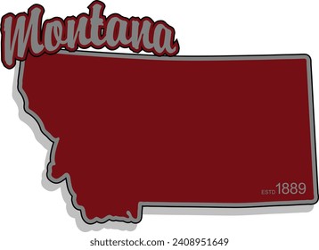 Die Form des Zustands der Montana Grenze Silhouette in Farbe umrissen mit Skriptbogentext über und Jahr in der unteren Ecke und tropfen Schatten. Vektorgrafik-Design.