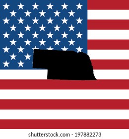 The shape of the state of Nebraska with the American Flag in the Background