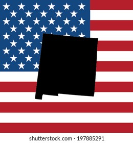 The shape of the state of New Mexico with the American Flag in the Background