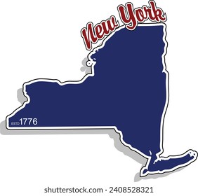 La forma de la silueta de borde de Nueva York en color delineado con el texto arqueado del guión arriba y el año establecido en la esquina inferior y sombra de caída. Diseño gráfico de vectores.