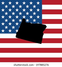 The shape of the state of Oregon with the American Flag in the Background