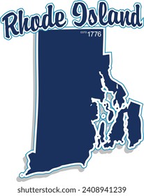 The shape of the state of Rhode Island border silhouette in color outlined with script arched text above and year established in bottom corner and drop shadow. Vector eps graphic design.