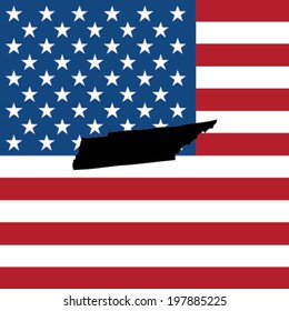 The shape of the state of Tennessee with the American Flag in the Background