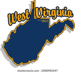 The shape of the state of West Virginia border silhouette in color outlined with script arched text above and year established in bottom corner and drop shadow. Vector eps graphic design.