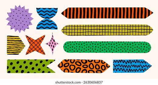 Shape sticker and abstract paper note collection with colorful ribbons and banners. Hand drawn memo and bookmark elements for notebook, diary, or creative design. Fun vector patterns for branding
