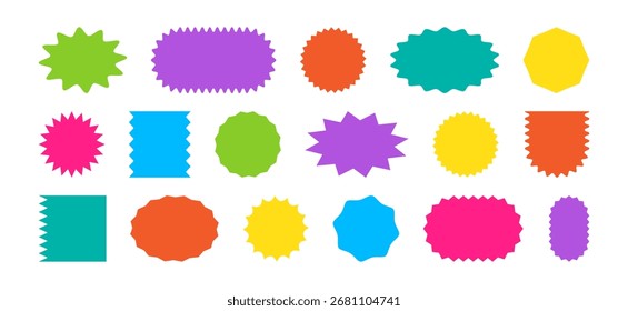 Ícone de adesivo de forma, rótulo de estouro. Bolha circular e crachá oval. Etiqueta de preço retro, venda rodada banner, selo de desconto, cor vazia cupom conjunto isolado no fundo branco. Ilustração de vetor simples
