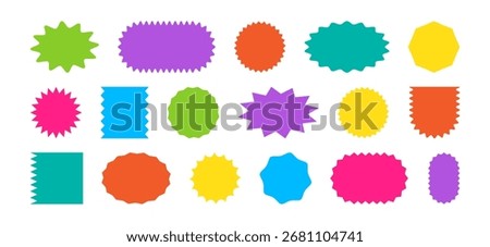 Shape sticker icon, star burst label. Circle bubble and oval badge. Retro price tag, sale round banner, discount stamp, color empty coupon set isolated on white background. Simple vector illustration