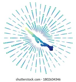 Gestalt von Stocking Island, polygonaler Sonnenbrand. Karte der Insel mit bunten Sternchen. Stockillustration in Digital, Technologie, Internet, Netzwerkstil. Vektorgrafik.