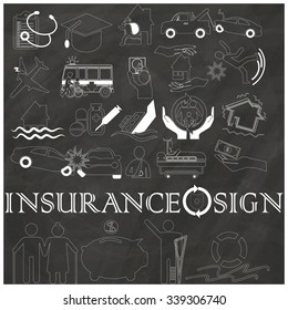 Shape stripe icon of Insurance drawn by white color on chalk board Vector style