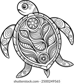 Shape and Structure: The central element of the mandala is a tortoise, often depicted in a detailed, stylized, or abstract manner. The tortoise might be shown with its shell prominently featured, 