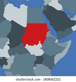 Shape of the Sudan in context of neighbour countries. Country highlighted with red color on world map. Sudan map template. Vector illustration.