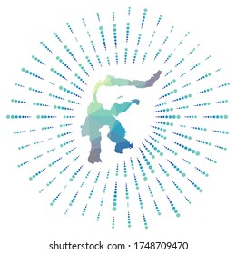Forma de Sulawesi, arrebato poligonal. Mapa de la isla con coloridos rayos estelares. Ilustración de Sulawesi en digital, tecnología, internet, estilo de red. Ilustración vectorial.