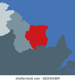 Shape of Suriname in context of neighbor countries. Country highlighted with red color on world map. Suriname map template. Vector illustration.