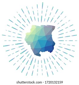 Shape of Suriname, polygonal sunburst. Map of the country with colorful star rays. Suriname illustration in digital, technology, internet, network style. Vector illustration.