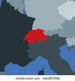 Form der Schweiz im Kontext der Nachbarländer. Land mit roter Farbe auf der Weltkarte. Schweiz-Kartenvorlage. Vektorgrafik.