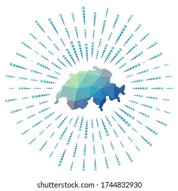 Forma de Suiza, arrebato poligonal. Mapa del país con coloridos rayos de estrellas. Ilustración suiza en digital, tecnología, internet, estilo de red. Ilustración vectorial.