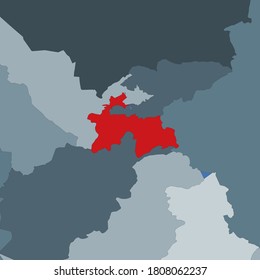 Shape of Tajikistan highlighted in red on a world map, showing its location in the context of neighboring countries. Vector illustration of a map template.