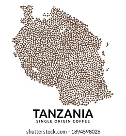 Shape of Tanzania map made of scattered coffee beans, country name below