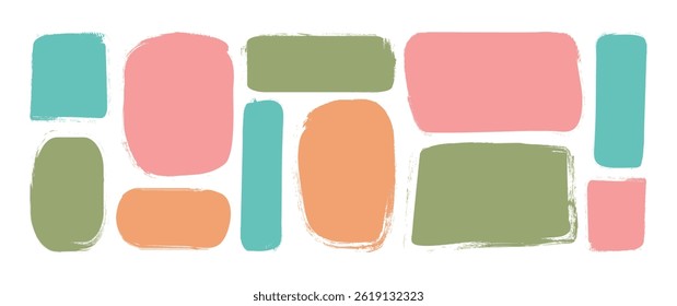 Shape text box crayon, paint brush kid frame, grunge round border, pastel rough chalk sticker, cute charcoal note isolated on white background. Cartoon speech label set. Childish vector illustration