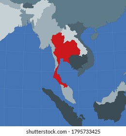 Shape of Thailand in context of neighbor countries. Country highlighted with red color on world map. Thailand map template. Vector illustration.