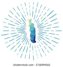 Shape of Togo, polygonal sunburst. Map of the country with colorful star rays. Togo illustration in digital, technology, internet, network style. Vector illustration.