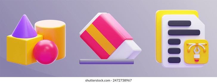 shape tool, eraser and graphic file in 3d icon illustration. 3d rendering of graphic interface