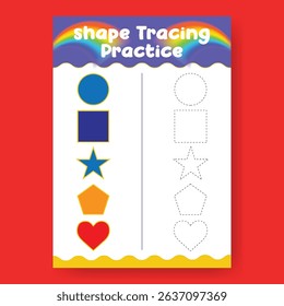 Shape Tracing Practice Worksheet template for Preschoolers and Kids, a4 print ready worksheet vector template for kids suitable for back to school