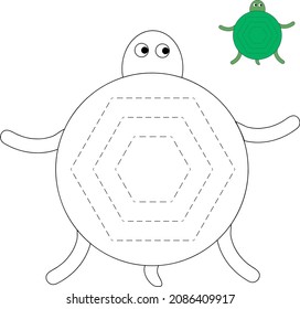 Shape tracing worksheet, Hexagon , kindergarten activity page, tortoise coloring page