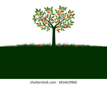 Forma de árbol con hojas y frutas. Ilustración del contorno del vector. Planta en el jardín.
