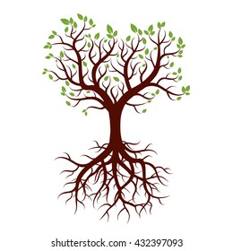 Shape of Tree, Roots and Green Leafs. Vector Illustration.
