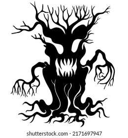 La forma del árbol que se asemeja a un demonio se produce utilizando un archivo vectorial. adecuado para varios decorativos en para crear una atmósfera aterradora para Halloween, fiestas de terror u otros eventos emocionantes.