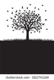 Shape of Tree, wind and black birds. Vector outline Illustration. Plant in Garden.
