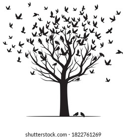 Forma de árboles, viento y pájaros negros. Ilustración del contorno del vector. Planta en el jardín.